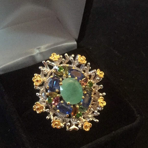 Fabulous Genuine Emerald, Tourmalines & Kyanite Ring - Picture 5 of 9